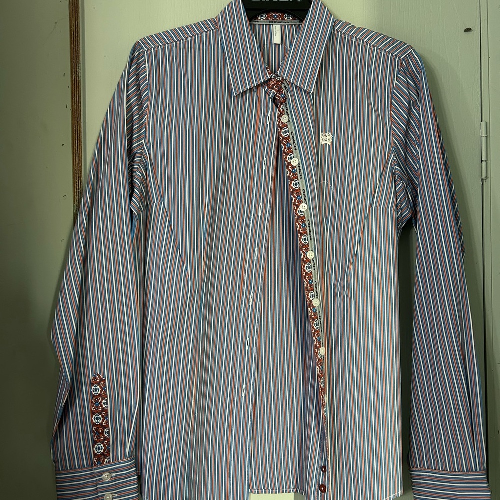 Cinch Women's Blue and White Striped Button Down Shirt